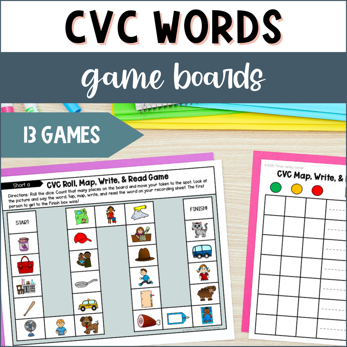 CVC Words Games - Printable Game Boards for Phonics Centers