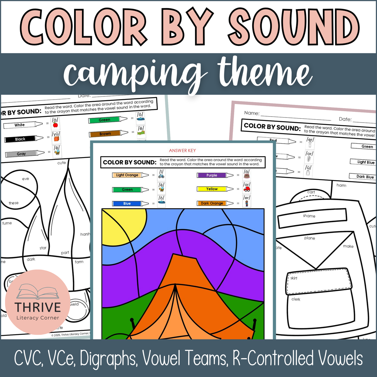 Phonics Color By Sound Worksheets - Camping Theme