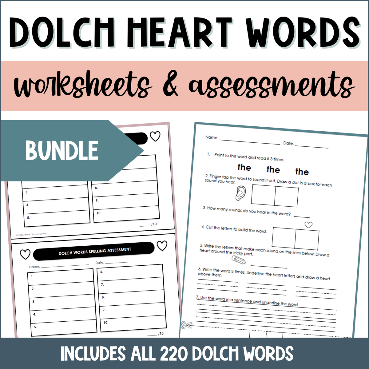 Dolch Sight Words Worksheets Bundle Word Lists Checklists Assessments Heart Word