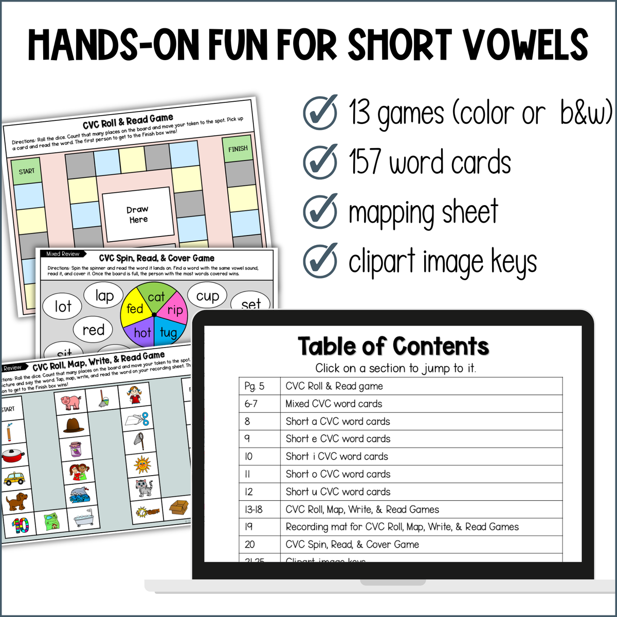CVC Words Games - Printable Game Boards for Phonics Centers