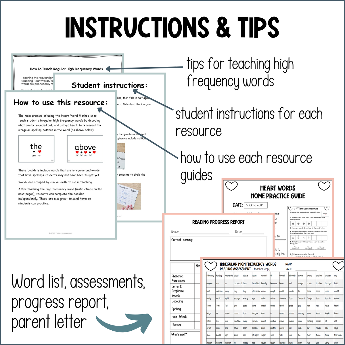 Heart Words Bundle: UFLI Heart Word Practice Sheets, Flash Cards, Slides, Word List, Assessment, Parent Letter