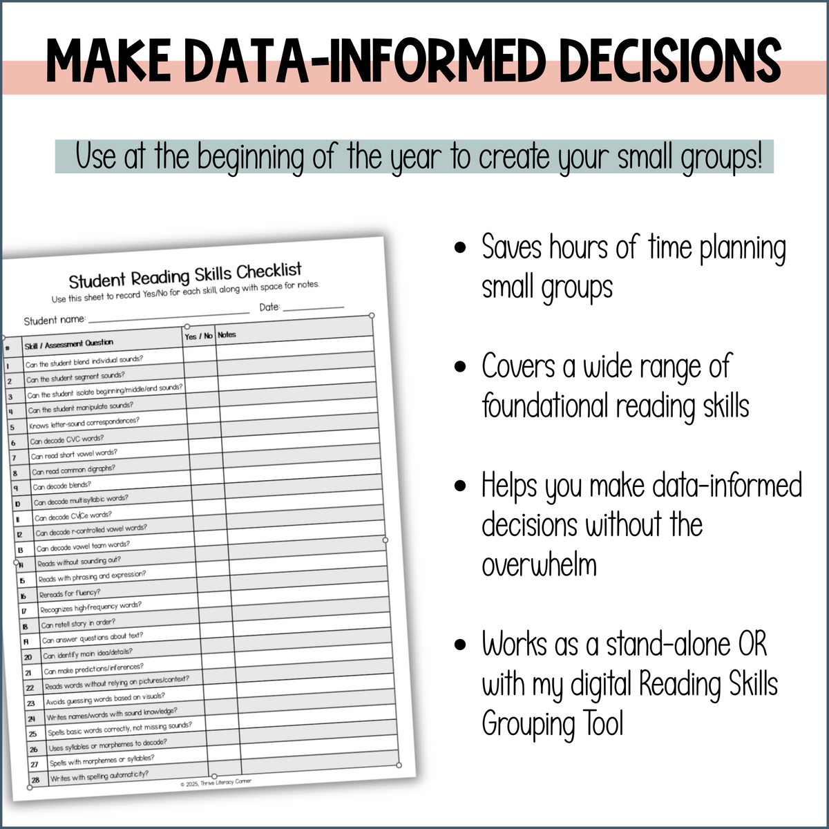 Printable Small Group Assessment for Creating Small Groups SOR-Aligned