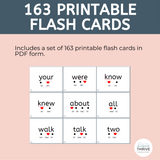 sample page showing 9 of the 163 printable heart words lash cards