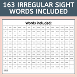 mockup showing all the words included in these irregular high frequency words flash cards
