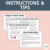 instructions and tips slides for the heart words flash cards