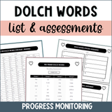 Dolch Sight Word Assessment Checklist Word Lists Heart Words Progress Monitoring
