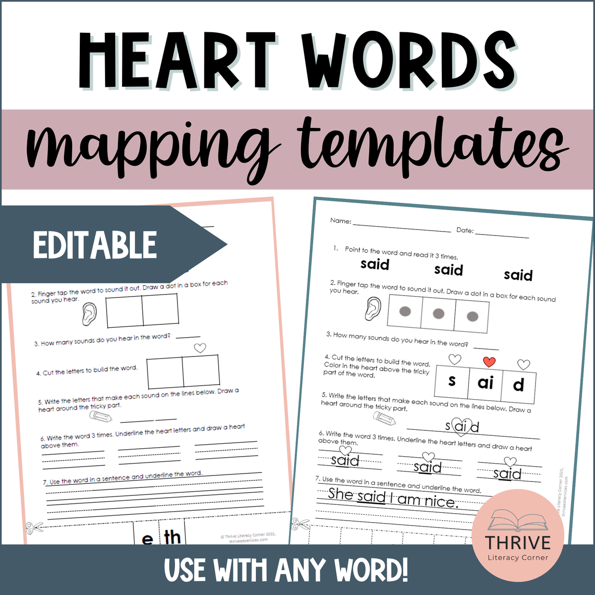 Editable Heart Words Mapping Templates