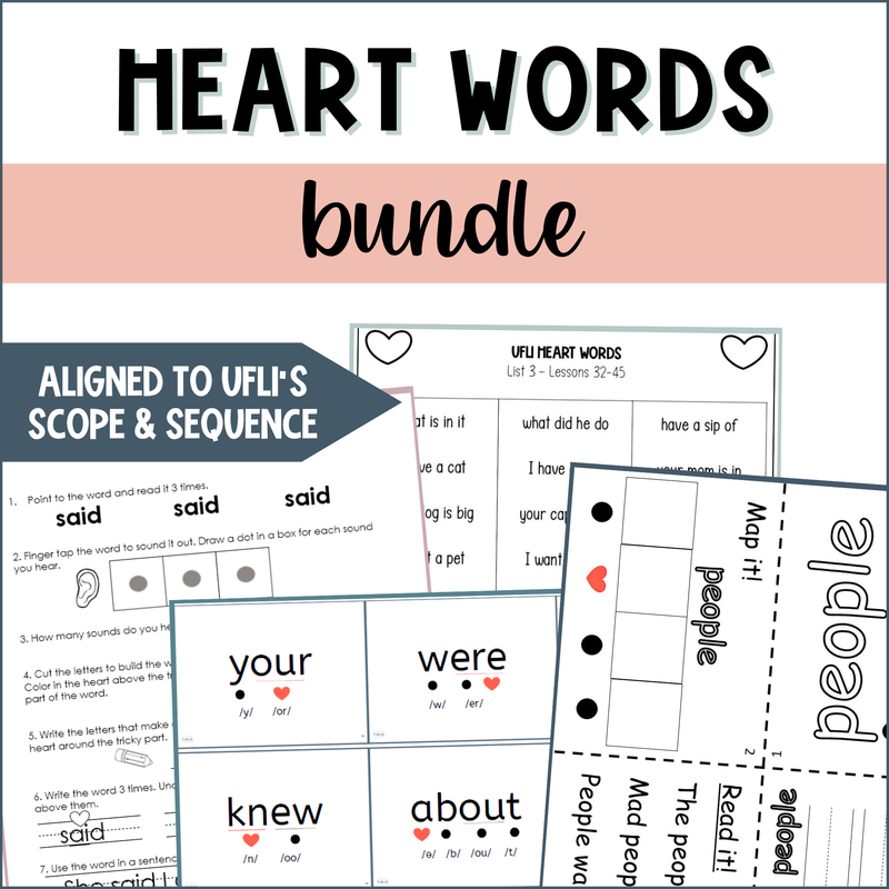 Heart Words Bundle: UFLI Heart Word Practice Sheets, Flash Cards, Slid ...