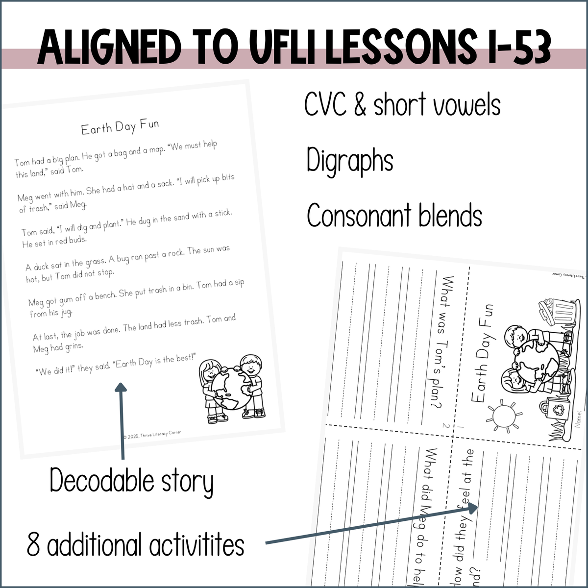 Earth Day Decodable Reader and Activities for Kindergarten First Grade UFLI Lessons 1-53