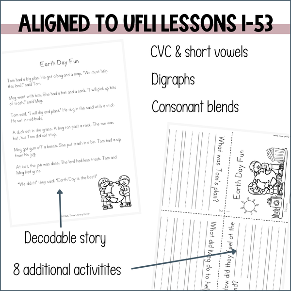 Earth Day Decodable Reader and Activities for Kindergarten First Grade UFLI Lessons 1-53