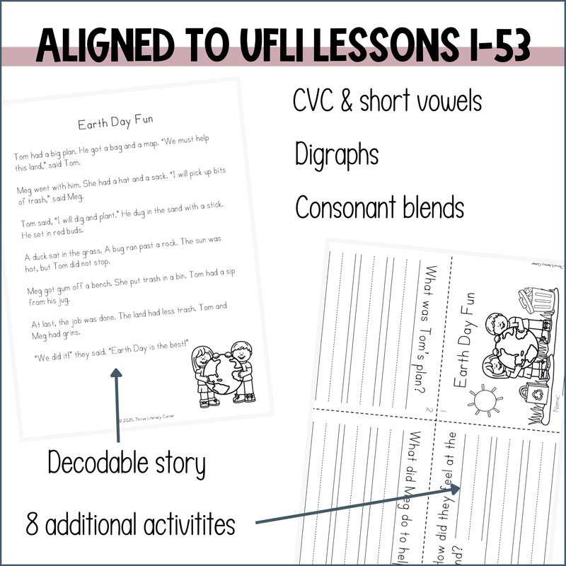 Earth Day Decodable Reader and Activities for Kindergarten First Grade UFLI Lessons 1-53