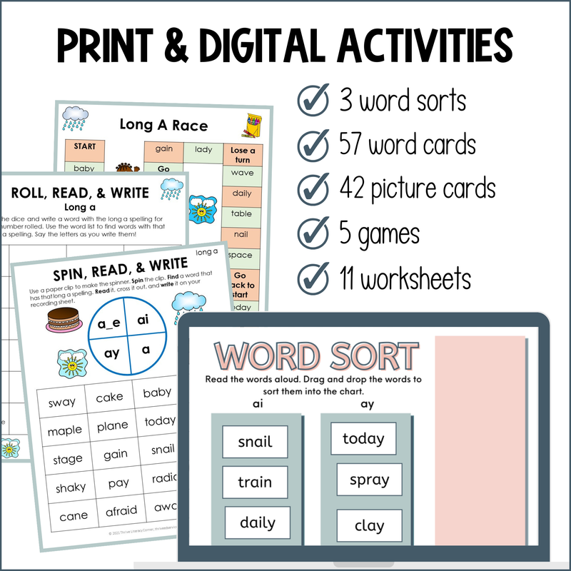 Long A Worksheets & Activities for Long A Spelling Patterns Practice