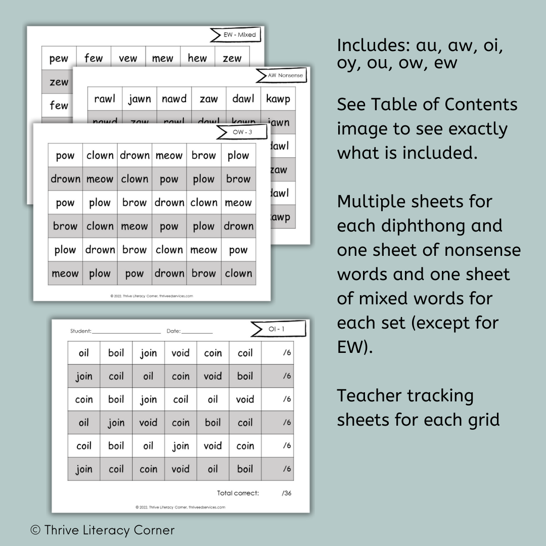 Diphthongs Fluency Grids Worksheets