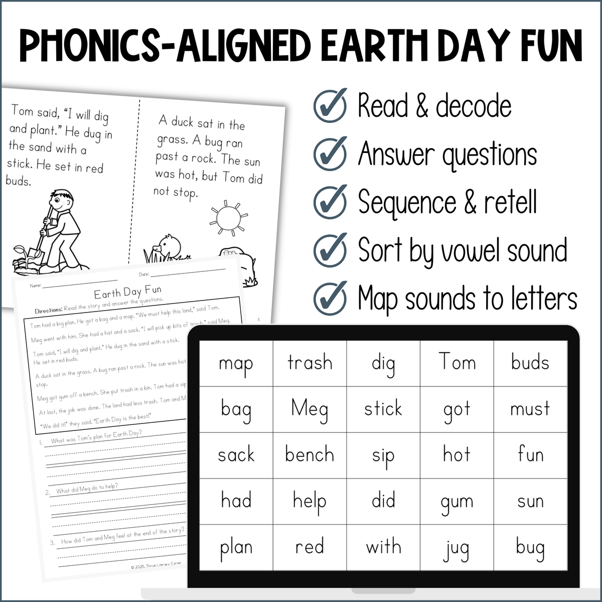 Earth Day Decodable Reader and Activities for Kindergarten First Grade UFLI Lessons 1-53