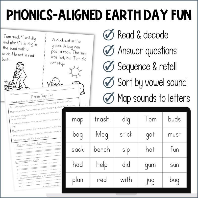 Earth Day Decodable Reader and Activities for Kindergarten First Grade UFLI Lessons 1-53