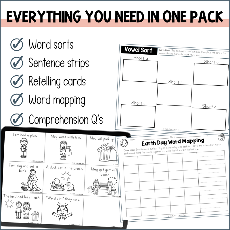 Earth Day Decodable Reader and Activities for Kindergarten First Grade UFLI Lessons 1-53