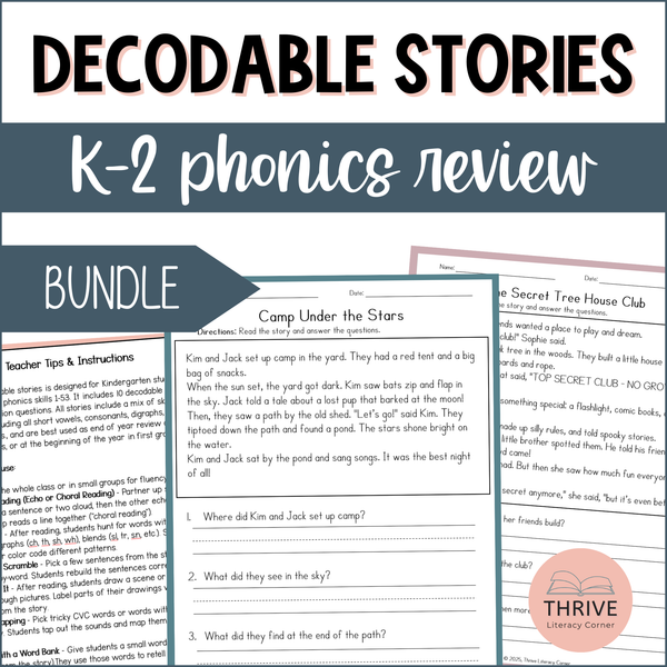 Science of Reading Decodable Passages and Comprehension Questions BUNDLE for K-2