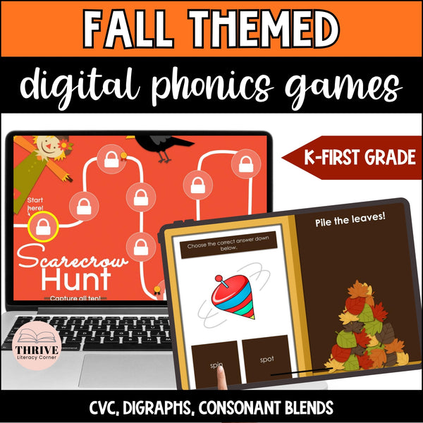 Fall Phonics Digital Games – CVC, Digraphs, and Consonant Blends K-1st Grade