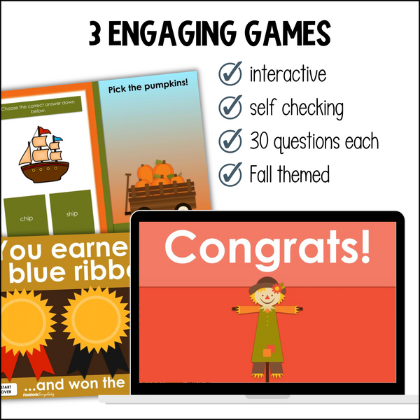 Fall Phonics Digital Games – CVC, Digraphs, and Consonant Blends K-1st Grade