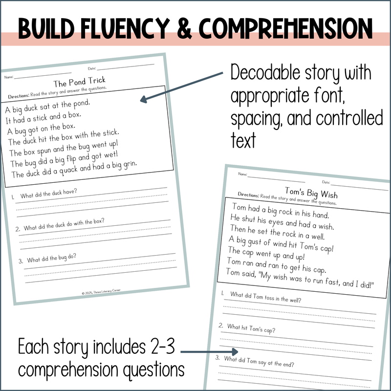 Science of Reading Decodable Passages and Comprehension Questions BUNDLE for K-2