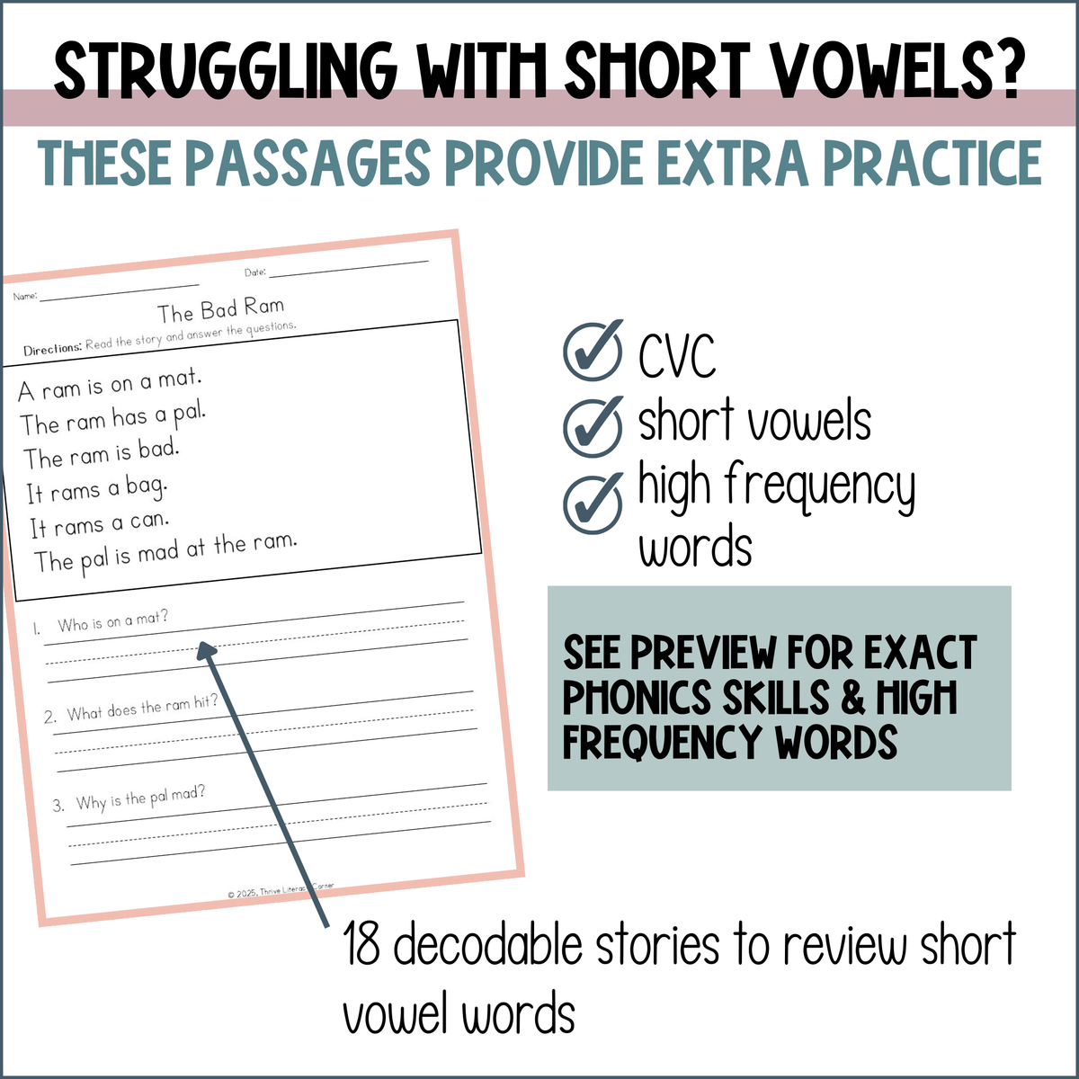 CVC Short Vowel Decodable Passages with Comprehension Questions Science of Reading