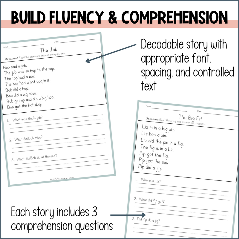 CVC Short Vowel Decodable Passages with Comprehension Questions Science of Reading
