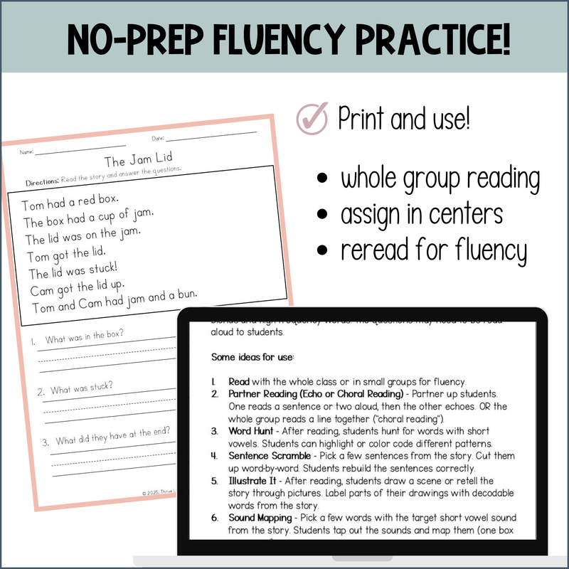 CVC Short Vowel Decodable Passages with Comprehension Questions Science of Reading