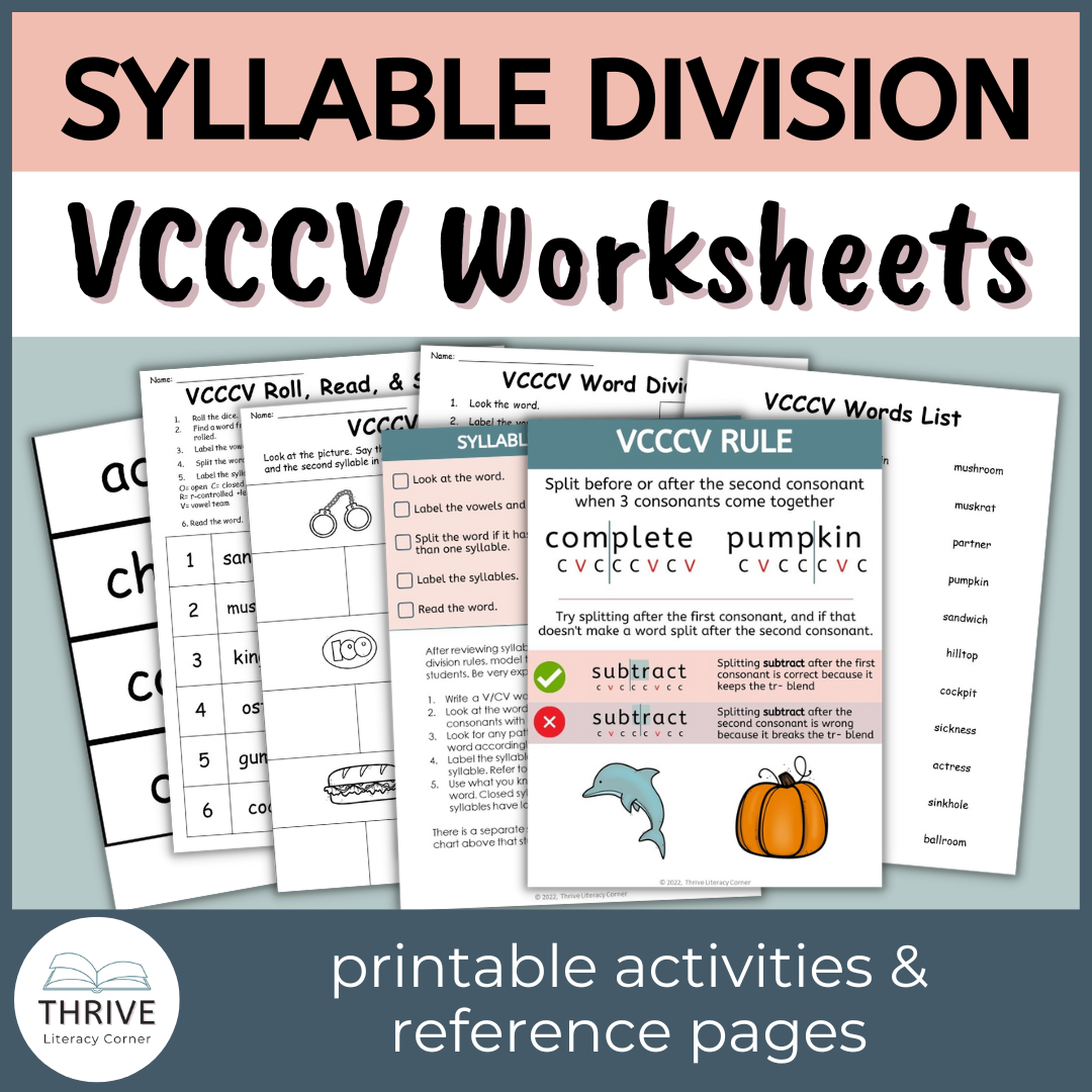 VCCCV Syllable Division Worksheets – Thrive Literacy Corner Shop