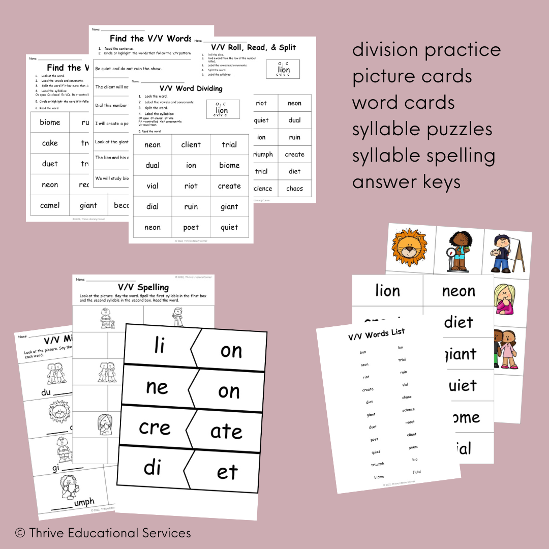 VV Syllable Division Worksheets Thrive Literacy Corner Shop