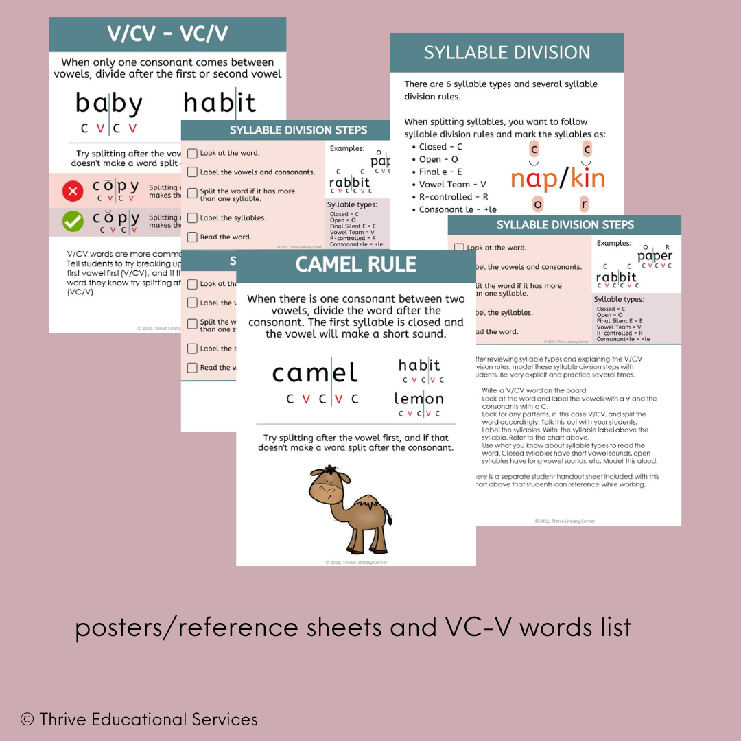 VCV Syllable Division Worksheets Thrive Literacy Corner Shop